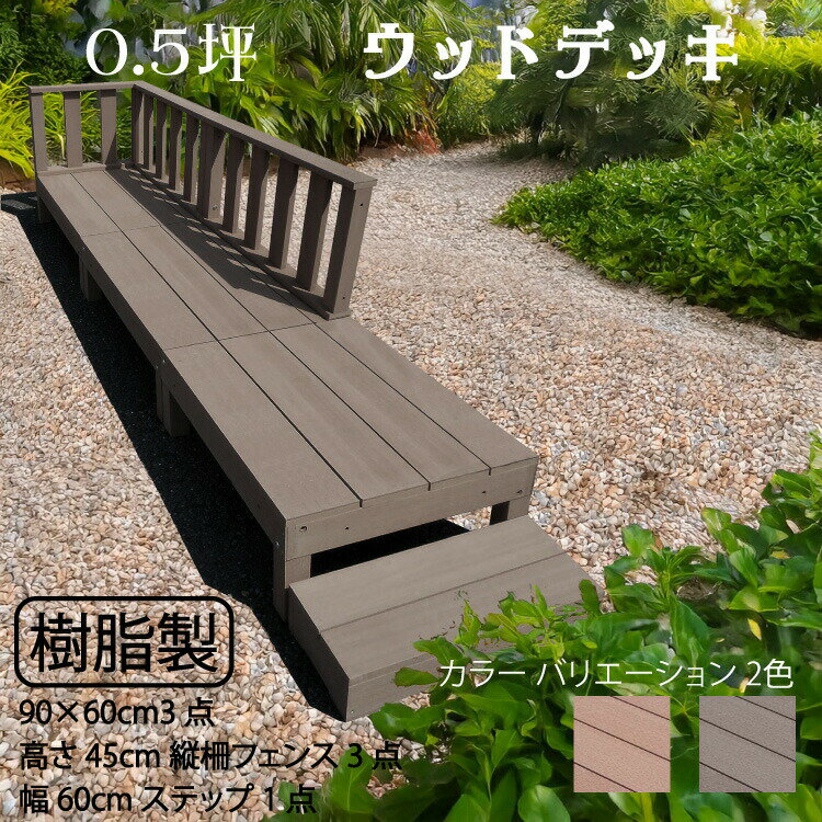 スマートデッキ 樹脂製 フェンス ステップ付き 0.5坪 [7点セット] チョコレートブラウン 置くだけデッキ 掃き出し窓 アウトドアリビング 高耐候性 ガーデンデッキ ウッドデッキ 頑丈