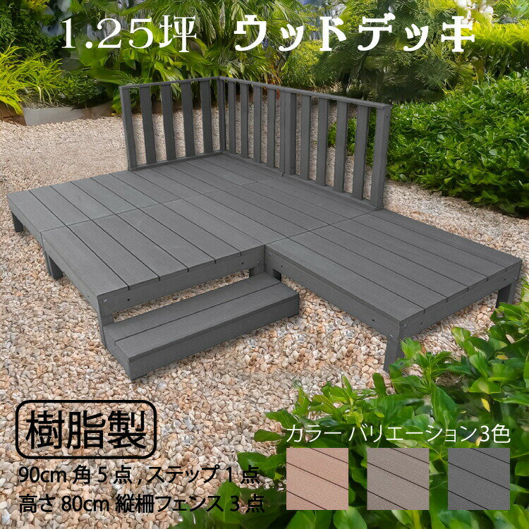 ウッドデッキ 樹脂製 1.25坪 [9点セット] チャコールグレー◆ 5d3h1sbk H80cmフェンス ステップ セット A90B 3HB|ウッドデッキ 置くだけデッキ 掃き出し窓 アウトドアリビング