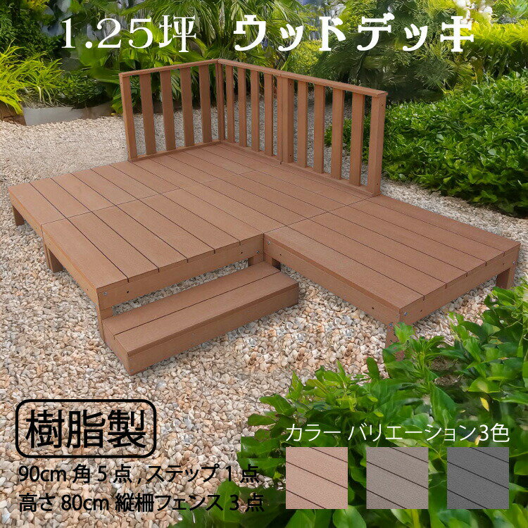 ウッドデッキ 樹脂製 1.25坪 [9点セット] ライトブラウン◯ 5d3h1sn H80cmフェンス ステップ セット A90N 3HN|ウッドデッキ 置くだけデッキ 掃き出し窓 アウトドアリビング