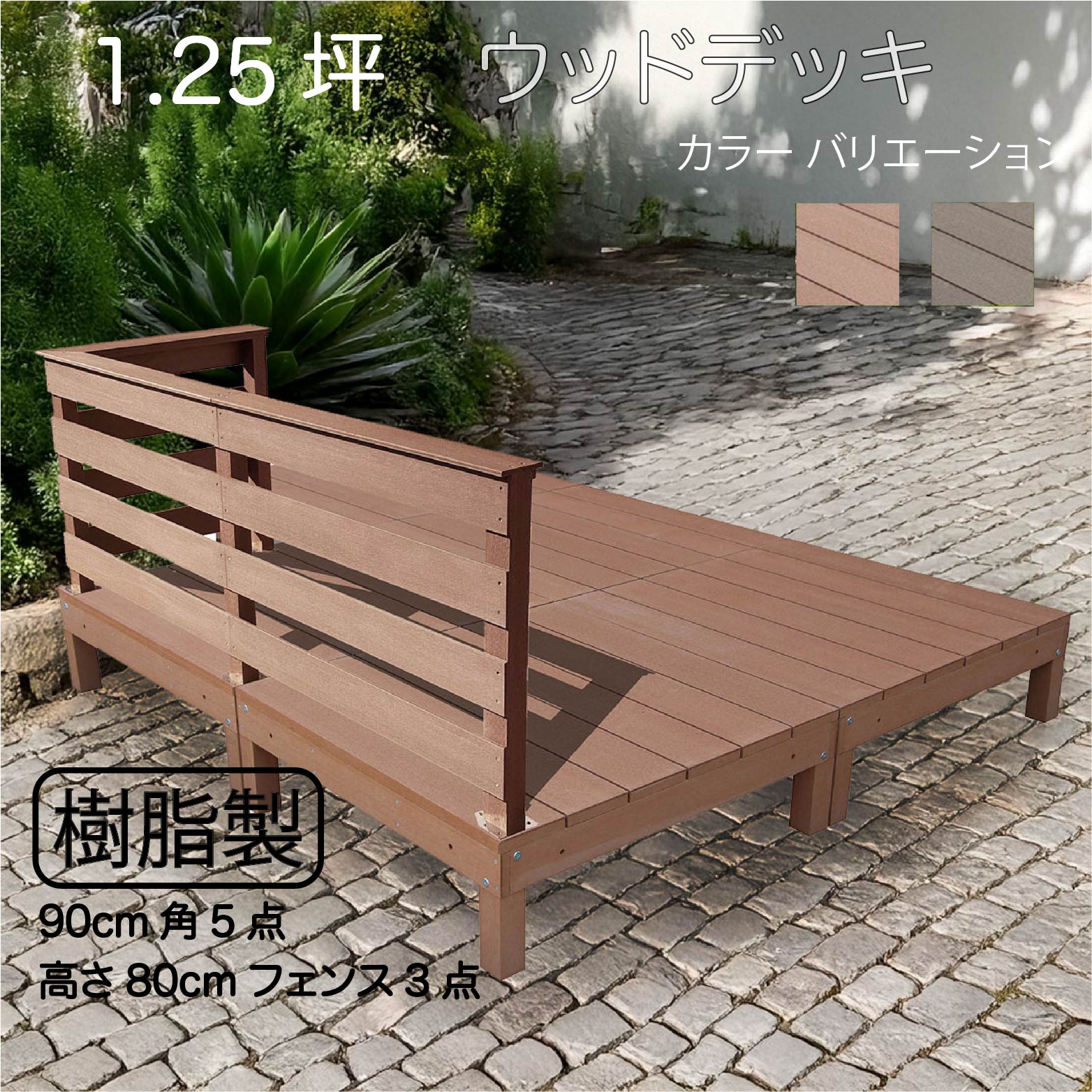 ウッドデッキ 1.25坪 樹脂製 フェンス手摺り付き 横ボーダータイプ [3枚セット]ライトブラウン オリジナル ガーデン匠 樹脂製