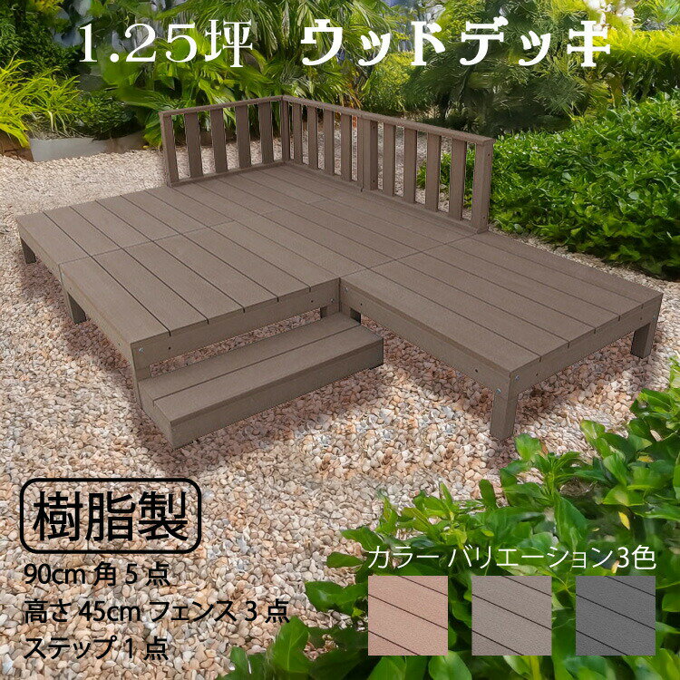 ウッドデッキ 樹脂製 1.25坪 [9点セット] チョコレートブラウン◯ 5d3f1sdb ローフェンス ステップ セット A90N|ガーデンファニチャー ウッドデッキ 人工木 置くだけデッキ 掃き出し窓