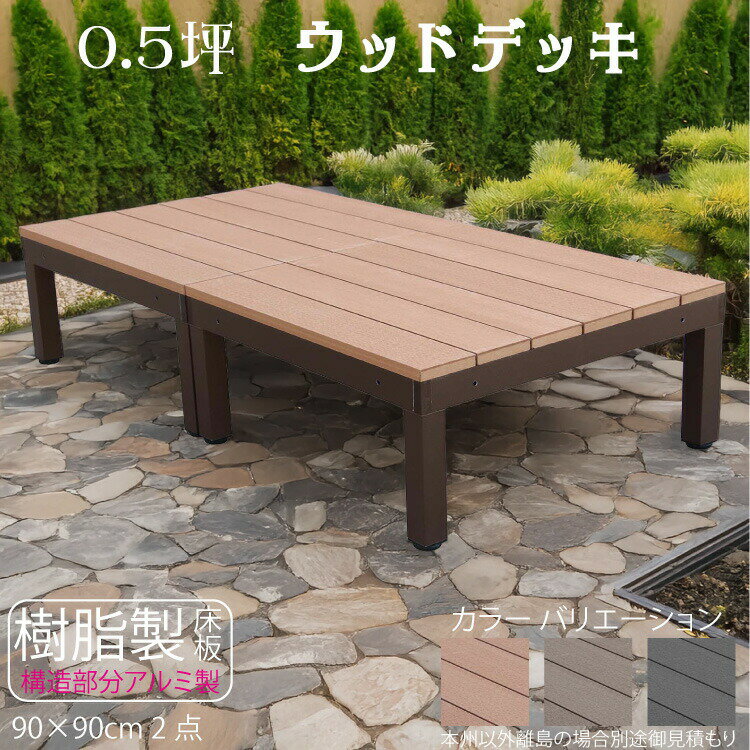 ウッドデッキ アルミフレーム＋樹脂床材 0.5坪 [2点セット] ライトブラウン◯ P-2dn P90N|ガーデンファニチャー ウッドデッキ 樹脂製 アルミ製 置くだけデッキ 掃き出し窓 アウトドアリビング