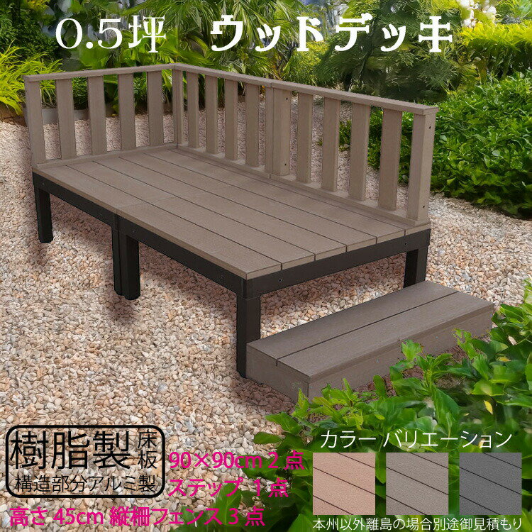 ウッドデッキ アルミフレーム＋樹脂床材 0.5坪 [6点セット] チョコレートブラウン■ P-2d3f1sdb デッキ ローフェンス ステップ P90D|ガーデンファニチャー ウッドデッキ 樹脂製