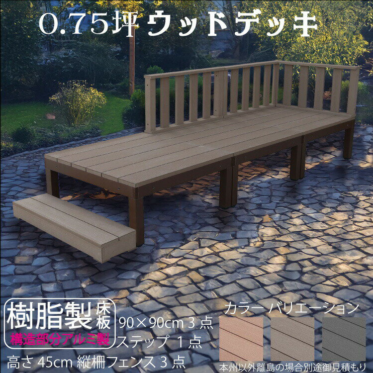 ウッドデッキ アルミフレーム＋樹脂床材 0.75坪 [7点セット] チョコレートブラウン■ P-3d3f1sdb デッキ ローフェンス ステップ P90D|ガーデンファニチャー ウッドデッキ 樹脂製