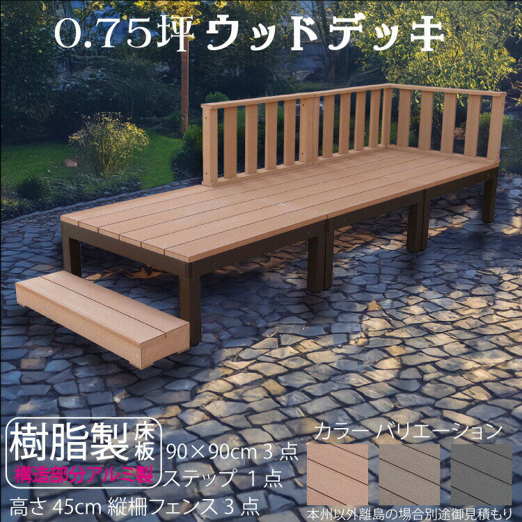 ウッドデッキ アルミフレーム＋樹脂床材 0.75坪 [7点セット] ライトブラウン◯ P-3d3f1sn デッキ ローフェンス ステップ P90N|ガーデンファニチャー ウッドデッキ 樹脂製 アウトドアリビング