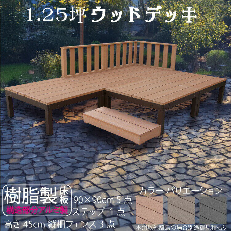 ウッドデッキ アルミフレーム＋樹脂床材 1.25坪 [9点セット] ライトブラウン◯ P-5d3f1sn デッキ ローフェンス ステップ P90N|ガーデンファニチャー ウッドデッキ 樹脂製 アウトドアリビング