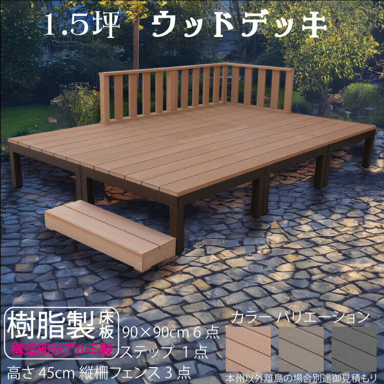 ウッドデッキ アルミフレーム＋樹脂床材 1.5坪 [10点セット] ライトブラウン◯ P-6d3f1sn デッキ ローフェンス ステップ P90N|ガーデンファニチャー ウッドデッキ 樹脂製 アウトドアリビング