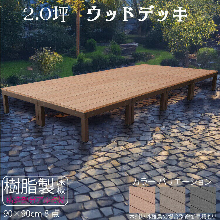 ウッドデッキ アルミフレーム＋樹脂床材 2.0坪 [8点セット] ライトブラウン◯ P-8dn P90N|ガーデンファニチャー ウッドデッキ 樹脂製 アルミ製 置くだけデッキ 掃き出し窓 アウトドアリビング