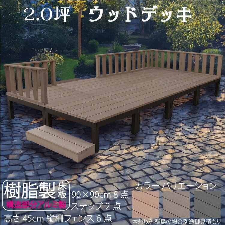 ウッドデッキ アルミフレーム＋樹脂床材 2.0坪 [16点セット] チョコレートブラウン■ P-8d6f2sdb デッキ ローフェンス ステップ P90D|ガーデンファニチャー ウッドデッキ 樹脂製