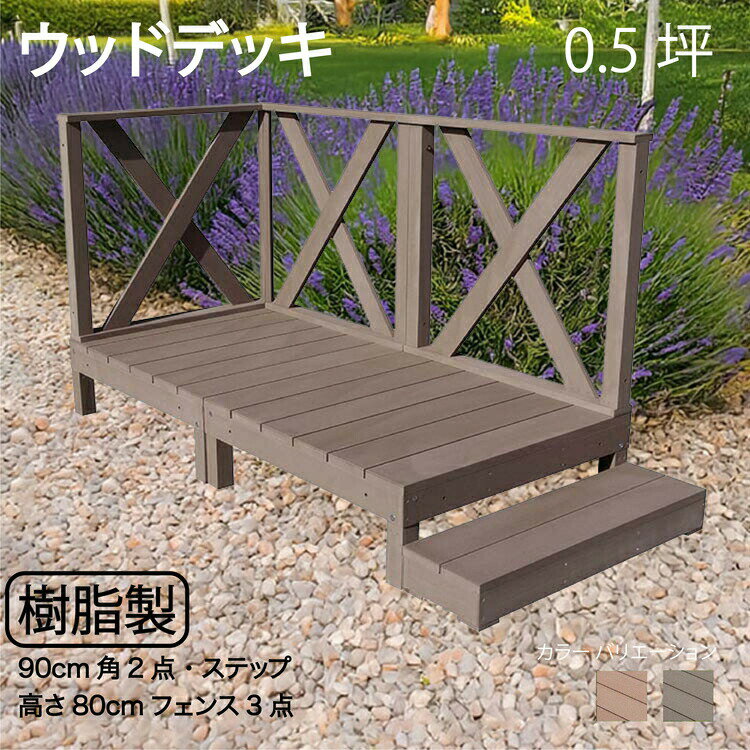 ウッドデッキ 樹脂製 0.5坪 [6点セット] チョコレートブラウン■ 2d3xh1sdb X型フェンス高さ80cm ステップ セット A90D XHD|ウッドデッキ 人工木 置くだけデッキ 掃き出し窓 アウトドアリビング