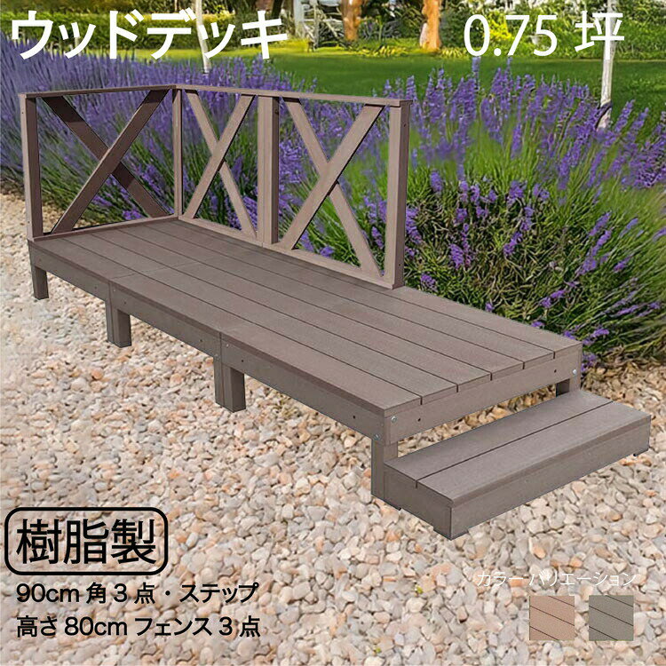 ウッドデッキ 樹脂製 0.75坪 [7点セット] チョコレートブラウン■ 3d3xh1sdb X型フェンス高さ80cm ステップ セット A90D XHD|ウッドデッキ 人工木 置くだけデッキ 掃き出し窓