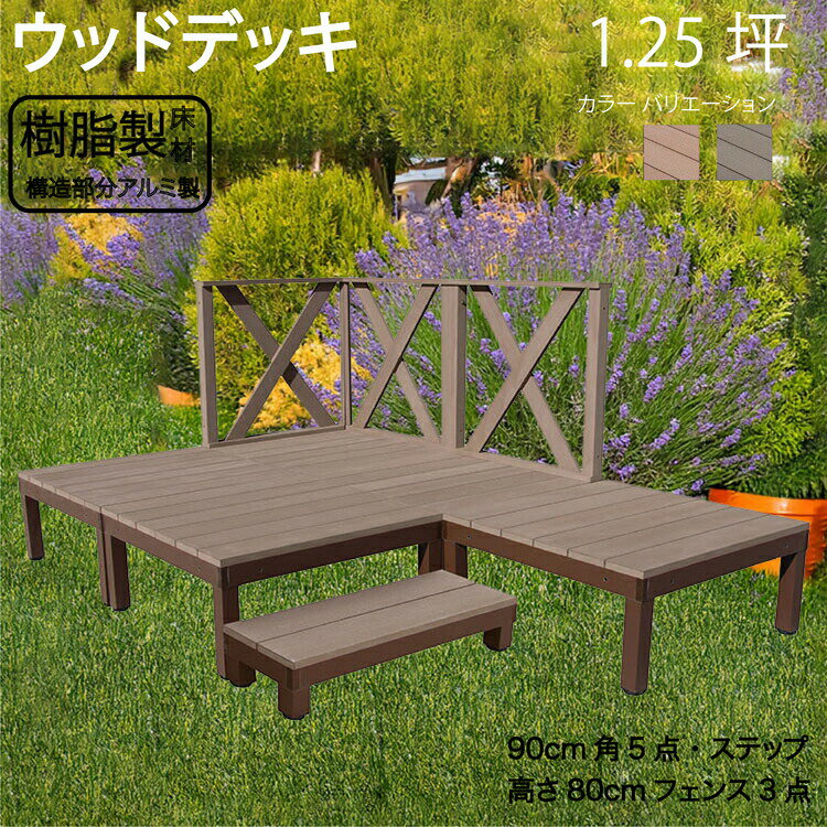 アルミフレーム＋樹脂床材デッキ 1.25坪 [9点セット] チョコレートブラウン■ P-5d3xh1sPdb X型フェンス高さ80cm＆ステップセット P90D XHD|ガーデンファニチャー