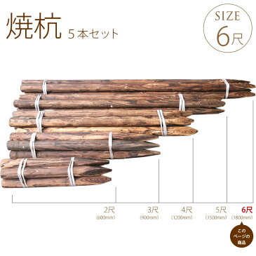 焼杭　長さ6尺(約180cm)　直径6cm　5本セット 木杭 ガーデニング 花壇 支柱　柵　固定 天然杉 フェンス 【送料無料】