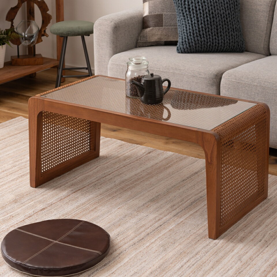 センターテーブルラタン 籐 センターテーブル テーブル 机 ラタンセンターテーブル ラタンテーブル ローテーブル ガラス天板 ガラス クリア クリア天板 メッシュ ガラステーブル 籐編み