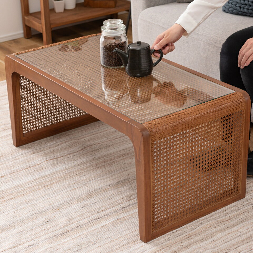 【9ヶ月保証付】センターテーブルラタン 籐 センターテーブル テーブル 机 ラタンセンターテーブル ラタンテーブル ローテーブル ガラス天板 ガラス クリア クリア天板 メッシュ ガラステーブル 籐編み [3]