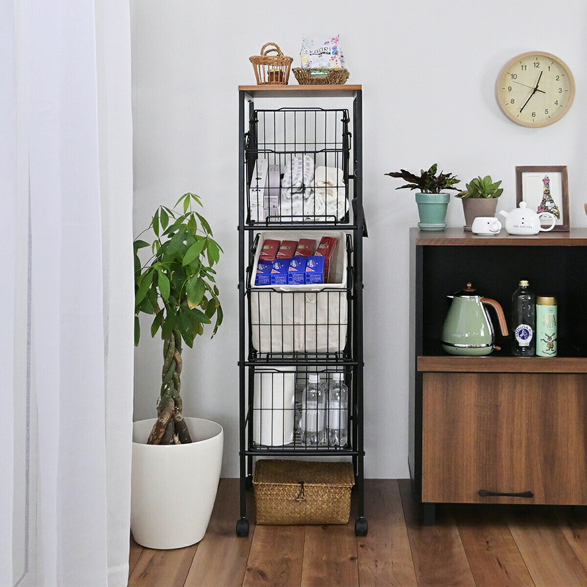 【大決算SALE開催中】【9ヶ月保証付】 取り出しやすいバスケットワゴン3段 ワゴン 幅38.5 高さ130 カゴ3個付 収納 キャスター付き ブラック キッチン ランドリー キッチンワゴン 収納 キッチンラック 台所 ランドリーラック