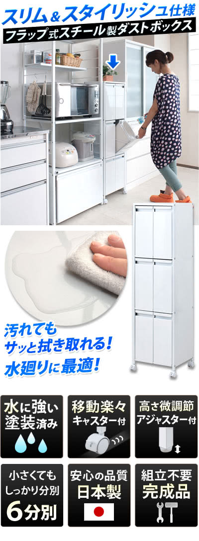 【マラソン限定 ポイント2倍】ゴミ箱 スチール製ダストボックス 幅36cm 9リットルタイプ6分別 ホワイト 白 約幅35cm 日本製 フラップ扉付き ゴミ箱 おしゃれ 分別 分別スリム オフィス キッチン ごみ箱 ダストボックス 通販 送料無料 シンプル 新生活 組立不要