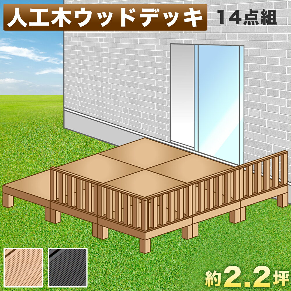 木杖 - 【9ヶ月保証付】ウッドデッキ 人工木ウッドデッキ 14点セット 4.5帖 2.25坪 ブラウン 人工木材 ウッドデッキ 腐りにくい 頑丈 丈夫 縁台 樹脂 デッキ ウッドデッキタイル 幅360cm 幅180cm ロータイプ 低い ウッドパネル 送料無料