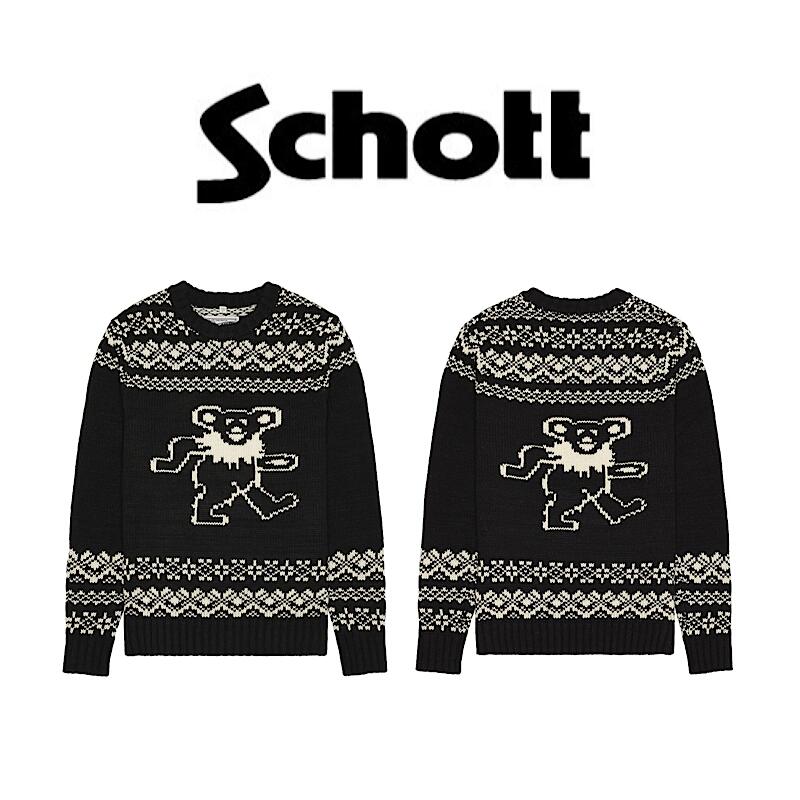 Schott ショット メンズ セーター Schott NYC x グレイトフル デッド ダンシングベア ニット 上着 プルオーバー デットベア ビーンベア 黒 BLACK ブラック