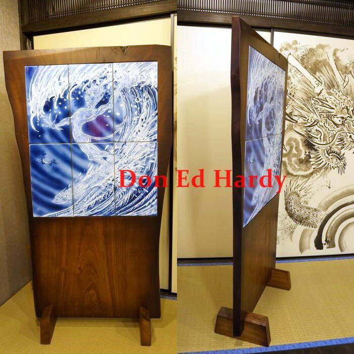 Don Ed Hardy ドン エド ハーディー 直筆 Surfing Devil mural 染付墨弾　龍板波乗悪魔文 陶壁画 壁画 焼き物 有田焼 インテリア 置物 高級 和風