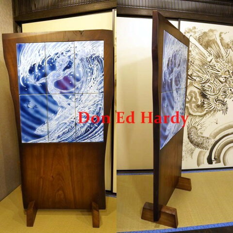 Don Ed Hardy ドン・エド・ハーディー 直筆　Surfing Devil mural 染付墨弾　龍板波乗悪魔文　陶壁画