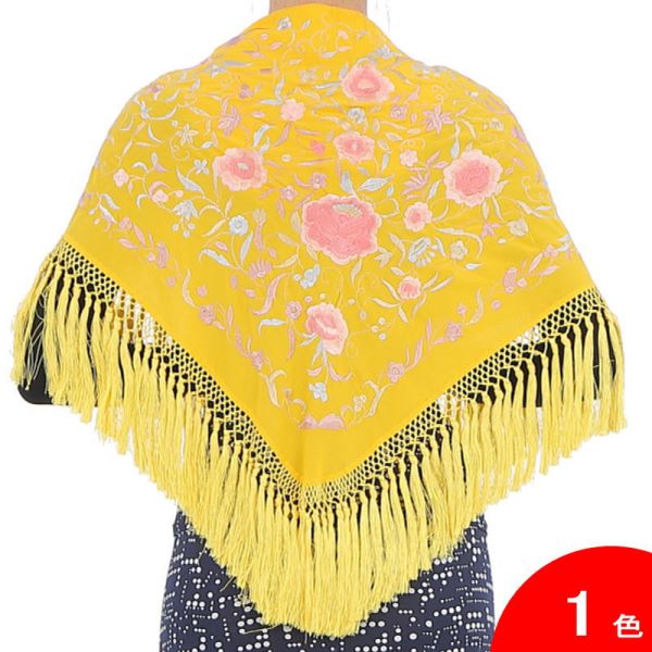 刺繍のショール Francesca(フランセスカ) 生地とフレコ：黄・刺繍：多色[フラメンコ用][スペイン直輸入]