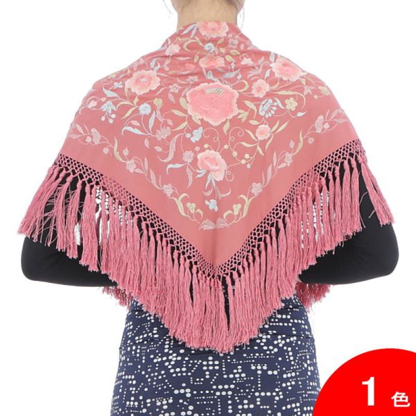 刺繍のショール Francesca(フランセスカ) 生地とフレコ：オールドローズ・刺繍：多色[フラメンコ用][スペイン直輸入]