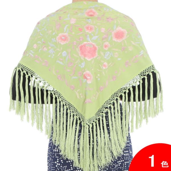 刺繍のショール Francesca(フランセスカ) 生地とフレコ：青りんご・刺繍：多色[フラメンコ用][スペイン..