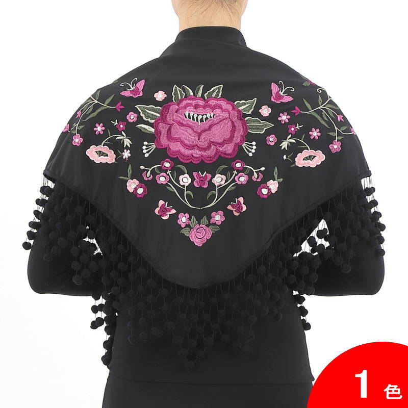 マドローニョのついた刺繍のショール Jardin(ハルディン) 黒×中央の花:赤紫系[フラメンコ用][スペイン..