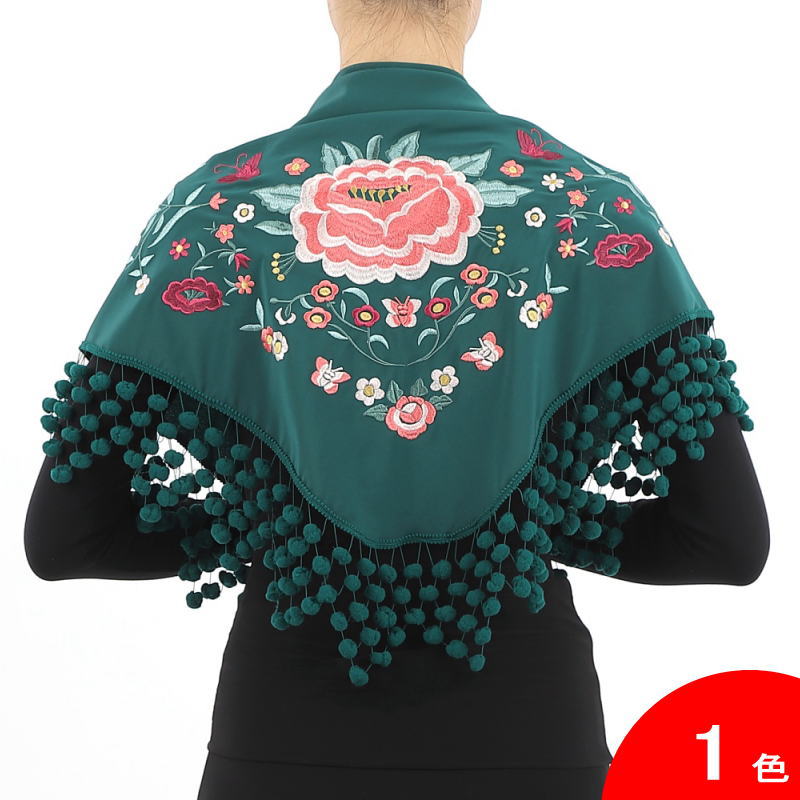 マドローニョのついた刺繍のショール Jardin(ハルディン) 深緑×中央の花:ピンク系×蝶:ワイン系[フラメ..