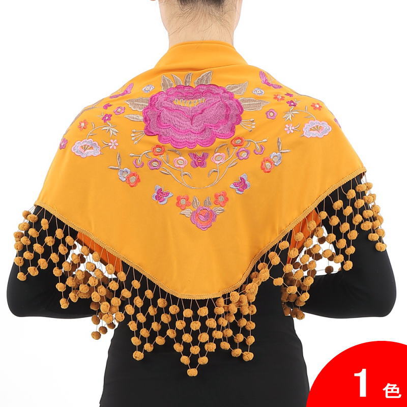 マドローニョのついた刺繍のショール Jardin(ハルディン) マスタード×中央の花:赤紫系[フラメンコ用][..