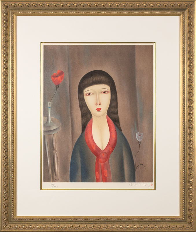 斎藤真一 「 赤いスカーフの女 」 リトグラフ 版画