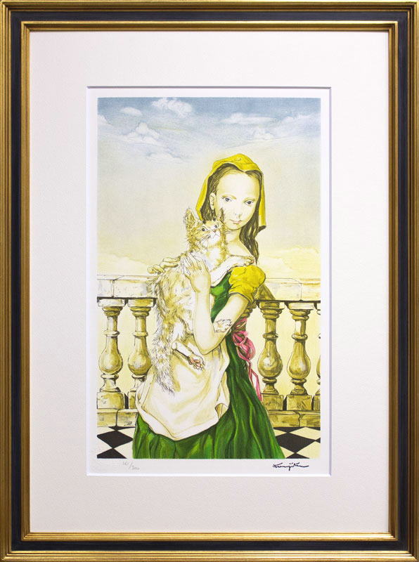 藤田嗣治 「 バルコニーの猫と少女 Jeune fille au chat au balcon 」 リトグラフ 版画