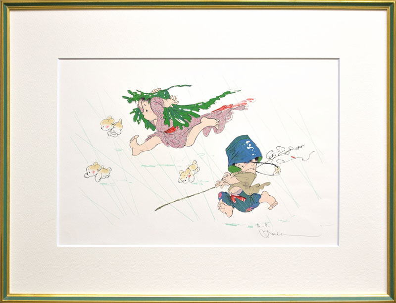 中島 潔 「 にわか雨 」 リトグラフ 版画