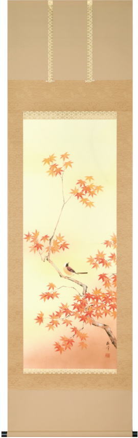 富岡蘇峰 「 紅葉に小禽 」 掛軸 尺五立