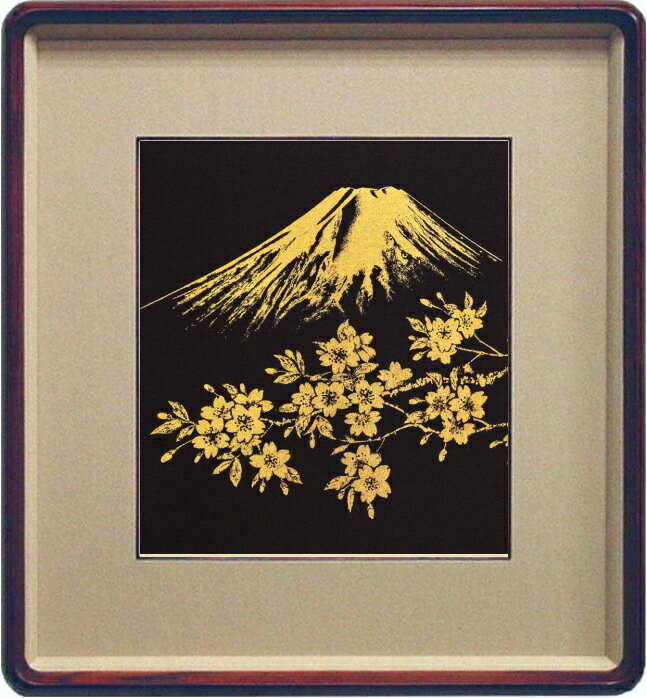 本金押箔 工芸 額装「 富士に桜 」 23金 ゴールド品質認定証つき(3)