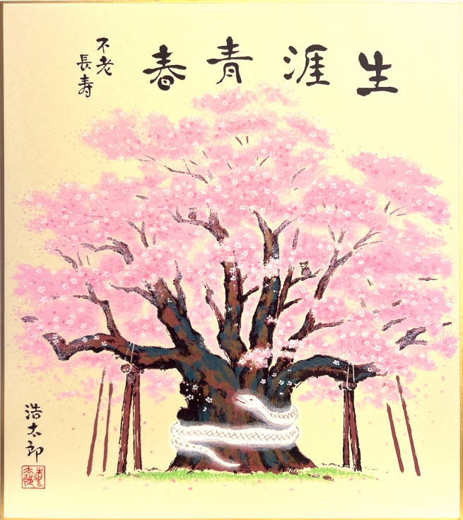 吉岡浩太郎 干支 色紙 巳「 生涯青春 」版画 色紙絵