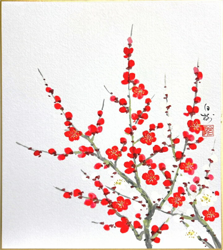 Rakuten - 川村白樹 「 紅白梅 」 色紙絵