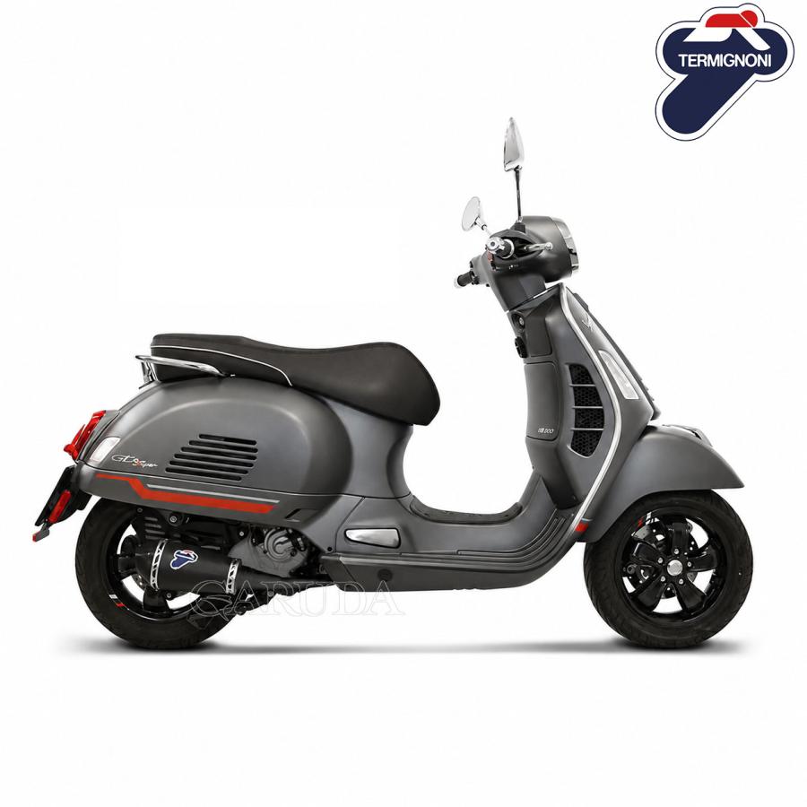 テルミニョーニ製　フルエキゾーストKIT [適合車種] メーカー：PIAGGIO（ピアジオ） 車種名：VESPA GTS 250/300 年式：08-24 パイプ素材：ステンレス 付属品：ブラックステン・サイレンサー、ブラック・EXパイプ、ステー、ボルト等 ※EXパイプはブラックとなり、装着画像とは異なりますのでご了承ください） [サイレンサー] 品番：PI06094SO01B（ブラックステンレスサイレンサー） サイレンサー形状：コニカル バッフル：装着済(脱着可) EURO規制:X 納期：欠品の場合はご注文より約2カ月となります