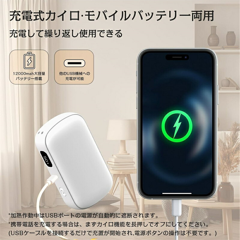 充電式カイロ 10000mAh大容量 モバイルバッテリー機能付き 2面急速発熱 長時間連続使用 3段階温度調節 電気カイロ 小型 コンパクト 5V/2A急速充電 LEDデジタル表示 USB充電式 繰り返し利用 携帯便利 寒さ対策 防寒 アウトドア 通学 出張 旅行 通勤オフィス用 プレゼント garude121-10009942 エルラガルデ楽天市場店 サンプル画像3