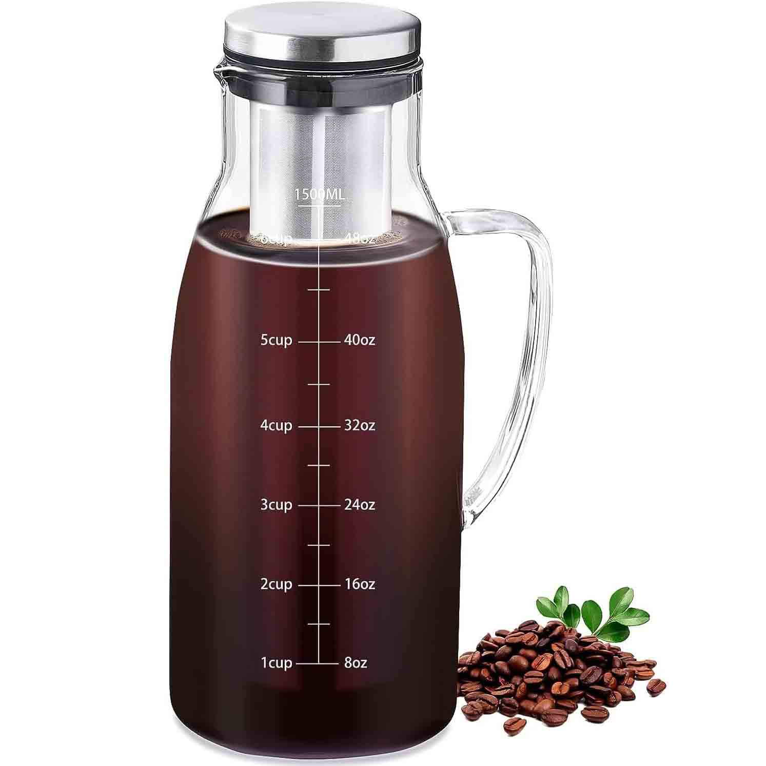 アイスコーヒーメーカー 水だしコーヒーポット 冷水ポット アイスコーヒーポット 水出しコーヒー 水出しアイスコーヒー ポット 1500ml フィルター取り外し可 蓋付 取手付き 耐熱温度差170℃ 冷蔵庫対応 直火対応 目盛付き 調理器具 新生活応援