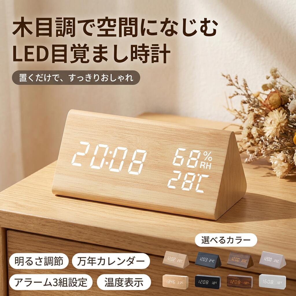 【木目調で空間になじむ】アラーム 目覚まし時計 置き時計 デジタル 湿度計 温度計 小型 静音 北欧 LED 大画面 USB給電 明るさ調整 文字表示 ポイント消化 プレゼント ギフト 人気 おすすめ 新生活 母の日 父の日 誕生日