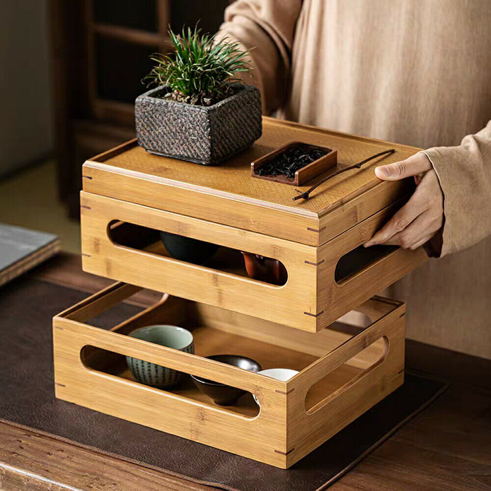 Other - 一つで2役 茶道具収納ボックス 収納ケース 卓上ランク 収納ラック 和風 茶棚 食器棚 茶器棚 茶器収納棚 茶器置物棚 百宝箱 ティートレー ティーポット収納 竹製ラック ランク ティーボカップホルダー 茶道具 茶道 竹工芸 天然素材 インテリア 収納スペース