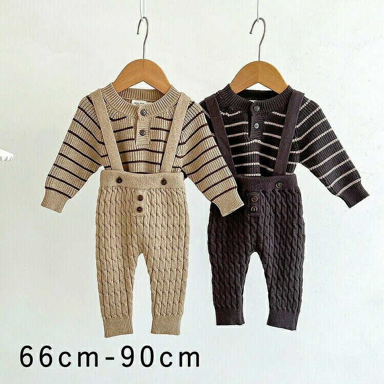 乐天商城 - 2ニットセット カーディガン ボトムス ニット サロペット トップス ボーダー ユニセックス 男の子 66cm 73cm 80cm 90cm 長袖 長ズボン セットアップ 韓国ファッション キッズ ベビー