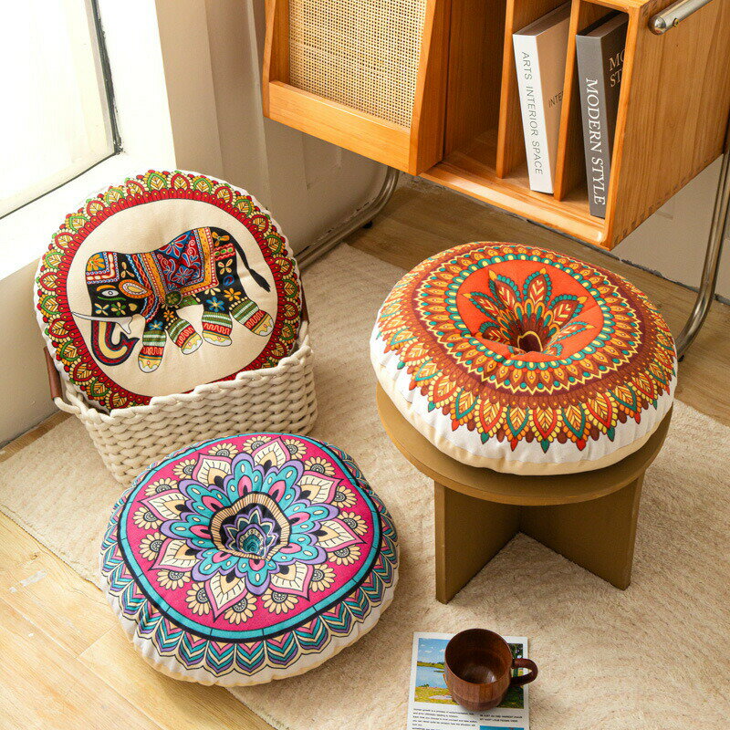 Low Rebound Cushions - 座布団 フロアクッション 3個セット 円形 40x40 丸型 畳 綿と麻 チェアパッド ごろ寝クッション 椅子用 チェアクッション ラウンドタイプ 和室 丸洗い おしゃれ 高級感 ナチュラル レトロエスニック風
