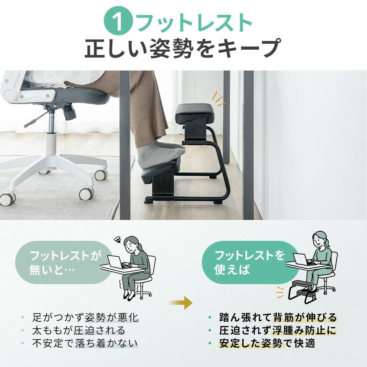 3WAY フットレスト 極厚クッション 足置き 足置き台 3段階高さ調整 無段階 角度調...