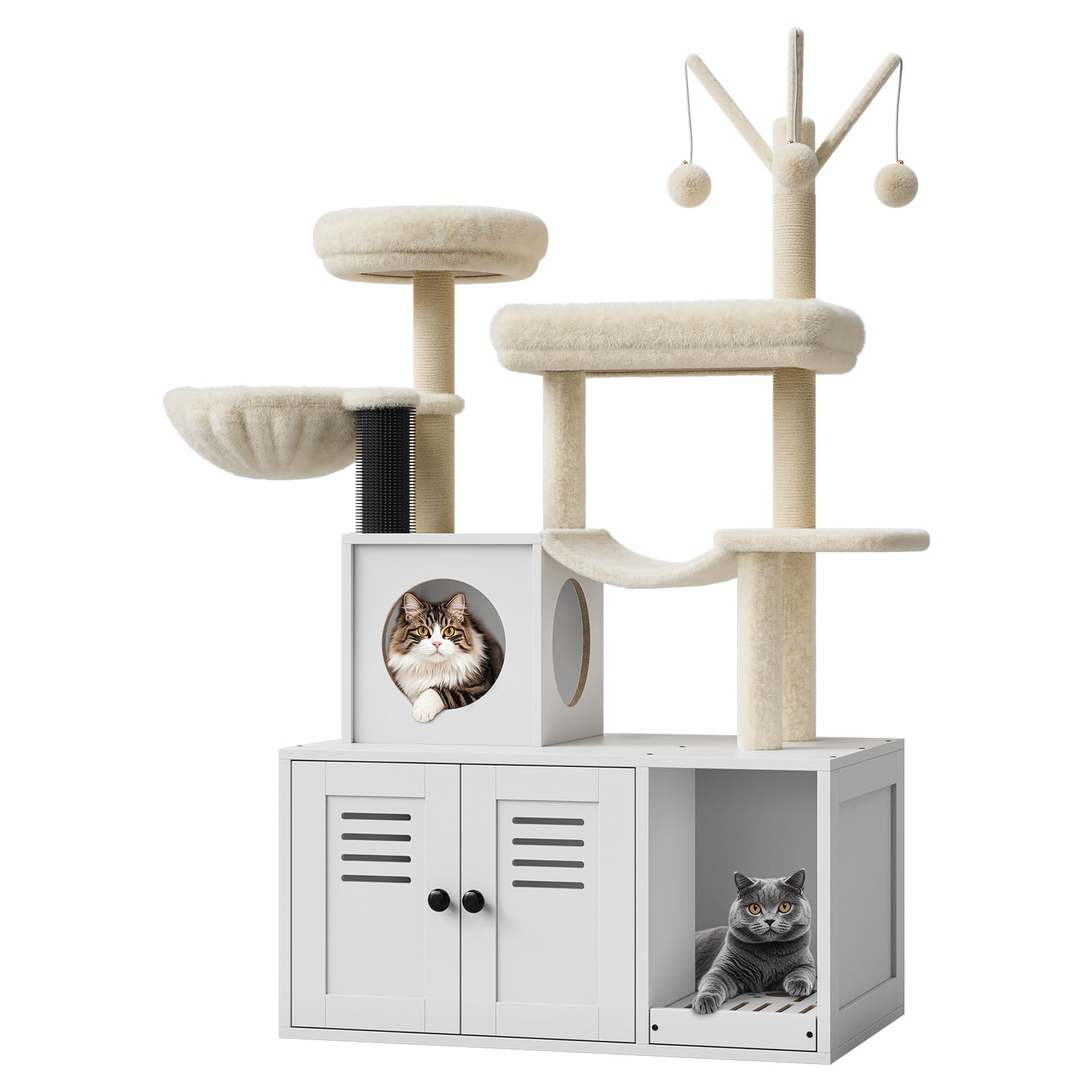 乐天商城 - 【即納】【限定ク一ポン利用で1000円】キャットハウス 多機能収納 隠し猫トイレボックス グレー 8101｜多層ウッド構造 ふわふわ展望台 シッサル爪とぎポスト付き 猫家具 室内猫用 爪研ぎ一体型 トイレ隠し収納