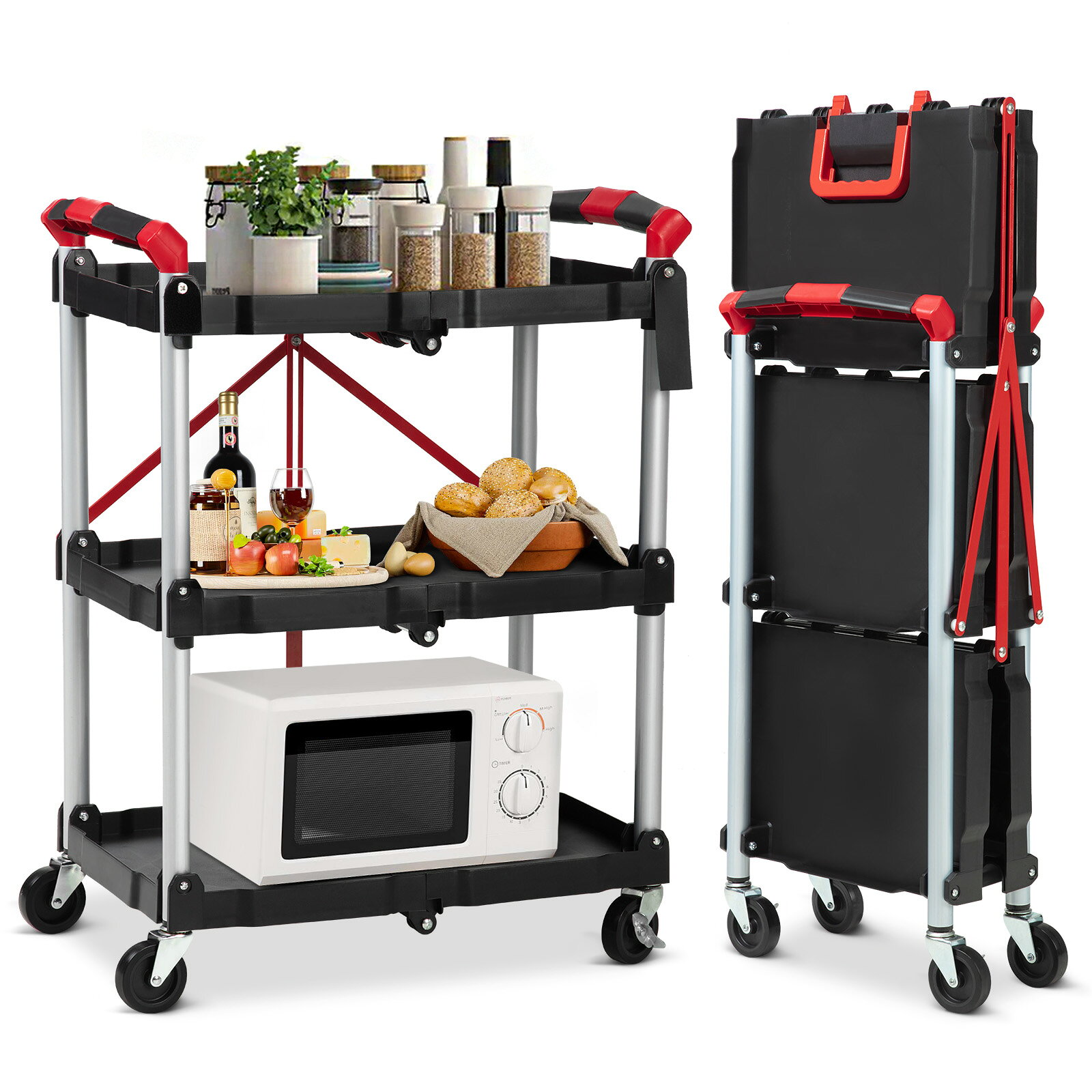 乐天商城 - 【翌日発送 限定ク一ポン利用で1500円】耐荷重 75kg 3 段折りたたみワゴン 多機能移動式収納カート｜360° 回転ロックキャスター付き 省スペース収納 キッチン・オフィス・ガレージ・倉庫万能対応