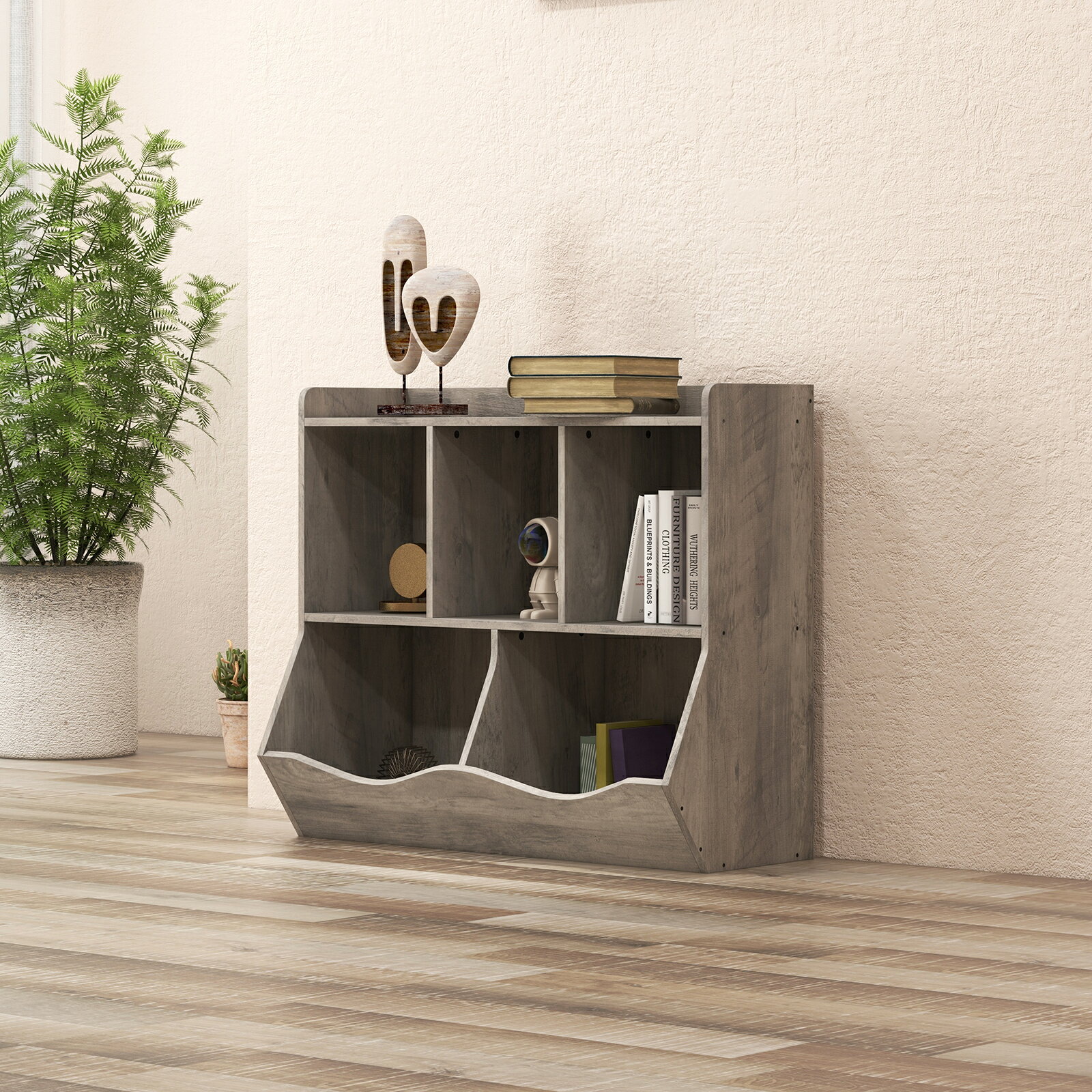 商品名おもちゃ収納棚商品情報サイズ：幅92cm×奥行29cm×高さ80cm 素材：合成材商品特徴・大容量収納：5つの広い区切り棚と頑丈な天面スペースが、本・おもちゃ・インテリア雑貨をたっぷり収納。遊びを通して片付けの習慣を身につけられます。 ・お子様に優しい安全設計：全ての角を丸く加工、転倒防止金具と滑り止めパッドを標準装備し安心です。横幅36.2cm×奥行15.35cm×高さ31.5cmの適度なサイズで、子供一人で荷物の出し入れや片付けが可能です。 ・丈夫な素材構造：高品質な加工木材を採用。滑らかな防水・耐摩耗加工が施され拭き掃除が簡単で、活発な幼児の長期使用にも耐えます。 ・どの空間にも馴染むデザイン：落ち着いた雰囲気のラスティックブラウン、定番ホワイトの2色展開。プレイルーム・寝室・玄関・リビング・幼稚園など男女問わず幅広い場所に自然に溶け込みます。 ・組立簡単：分かりやすい説明書と組立に必要な金具がすべて付属。忙しい保護者の方も手間なく組み立てられます。部品不足や製品に関するご質問はカスタマーサポートがしっかり対応いたします。