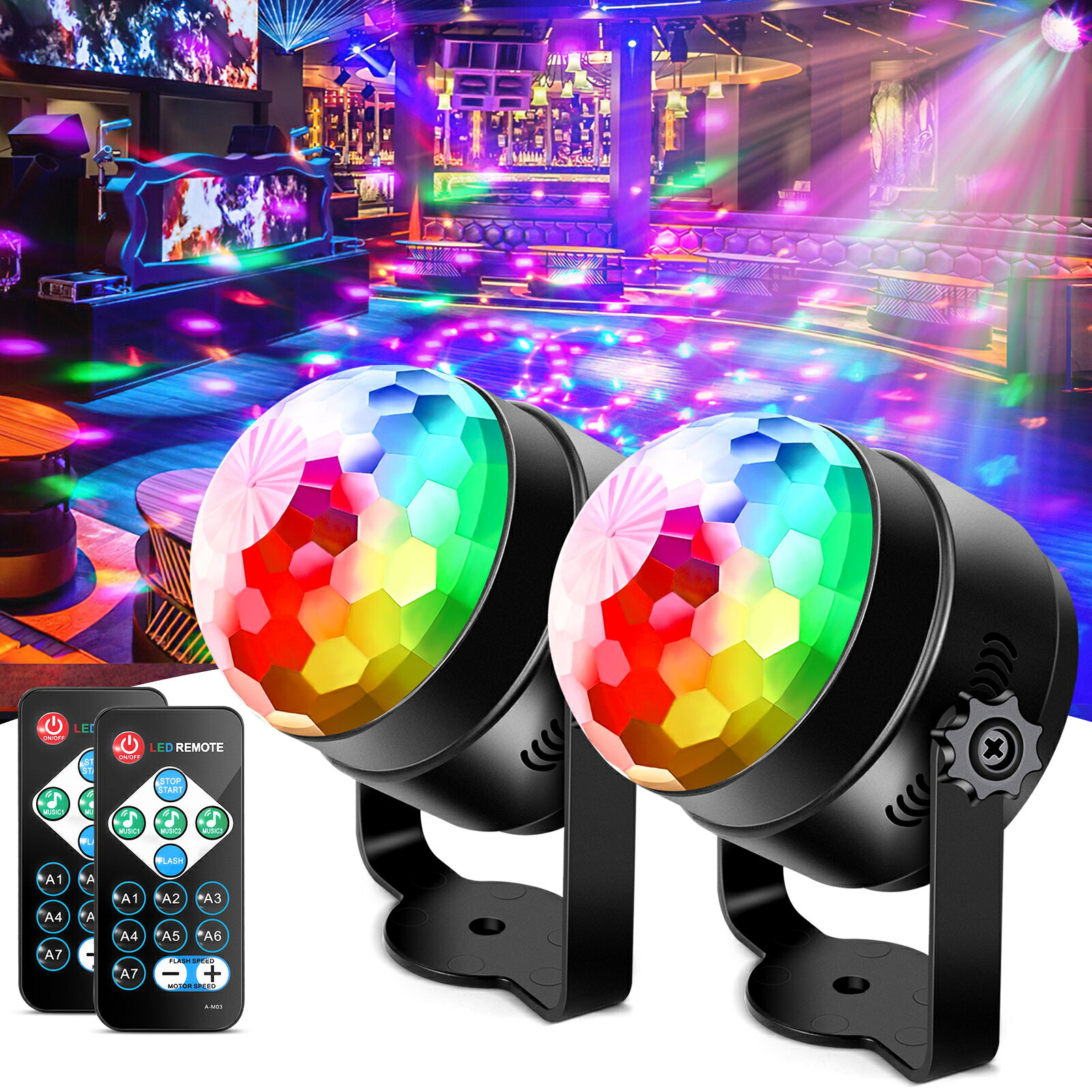 商品名LEDパーティーライト商品仕様セット内容：2個セット ・LEDライト ×2 ・リモコン ×2 ・固定ホルダー ×2 ・取扱説明書 ×2 消費電力：6W カラー：RGB（7色） 回転角度：360° 照射角度：約120° サイズ：約8.3×8.3×9.7cm 重量：約655g 電源：AC100-220V対応商品特徴【7色RGBライトで華やかな演出】 7種類のカラーモードを搭載し、レッド・グリーン・ブルー・イエロー・ピンク・ホワイトなど鮮やかな光を楽しめます。 自動切替モードや多彩なライティングパターンで、お好みに合わせた空間演出が可能です。 【音楽連動機能搭載】 高感度サウンドセンサーが音や音楽を感知し、リズムに合わせてライトが点滅・変化します。 お気に入りの音楽と連動して、ダンスフロアのような盛り上がりを演出できます。 ※音楽の音量や環境によって反応が異なる場合があります。 【便利なリモコン操作】 付属のリモコンで、離れた場所から簡単操作。 ・カラー変更 ・点滅モード切替 ・ストロボ効果 ・回転速度調整 など、シーンに合わせて自由に設定できます。 【360°回転＆簡単設置】 360°回転するライトヘッドにより、広い範囲を照射。 コンセントに接続するだけの簡単設置で、届いたその日からすぐに使用できます。 付属の固定ホルダーで、テーブル置きや壁面設置など幅広い使い方が可能です。 【省エネ＆長寿命LED】 6W高性能LEDを採用し、省電力ながら明るく鮮やかなライト効果を実現。 約20,000時間の長寿命設計で、長期間安心してご使用いただけます。 コンパクトサイズなので、ご家庭での収納にも便利です。キーワードLEDパーティーライト ディスコライト DJライト ステージライト 舞台照明 RGBライト 音楽連動ライト リモコン付きライト 回転ライト クラブ照明 イベント照明 パーティーグッズ 誕生日飾り 結婚式演出 ホームパーティー照明